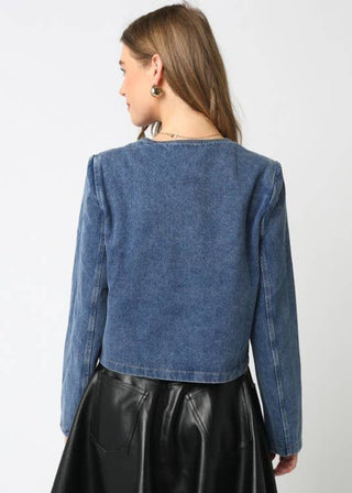 Luxe Collarless Denim Jacket with Gold Embossed Buttons - Verte Boutique