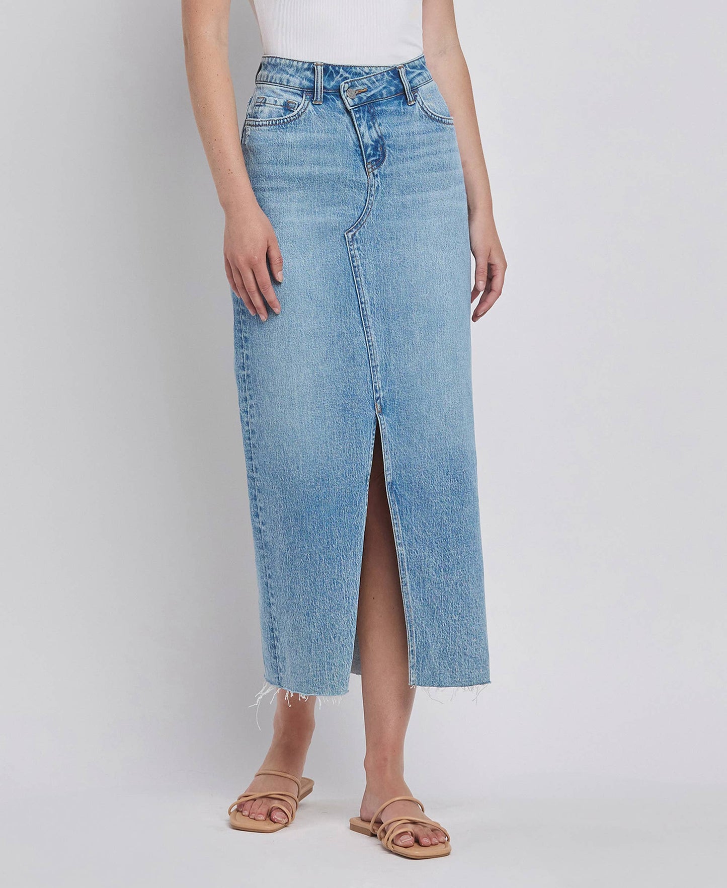 Criss Cross Front Slit Denim Maxi Skirt