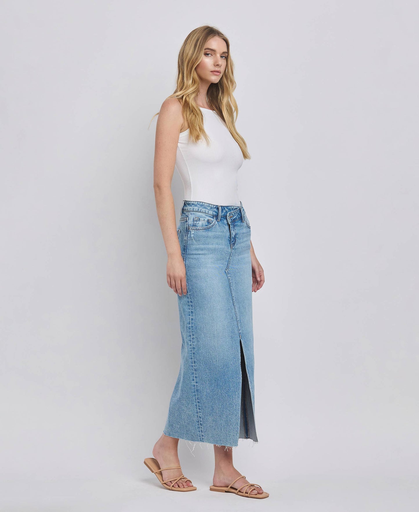 Criss Cross Front Slit Denim Maxi Skirt