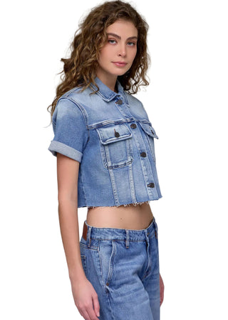 Medium Wash Cropped Short Sleeve Stretch Trucker Jacket - Verte Boutique