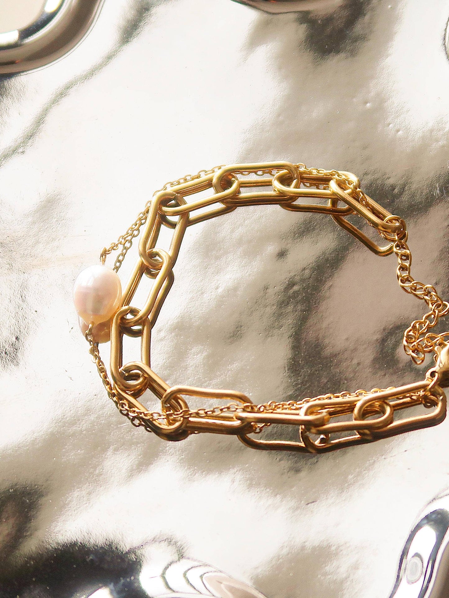 Gold Stacked Chain Pearl Bracelet