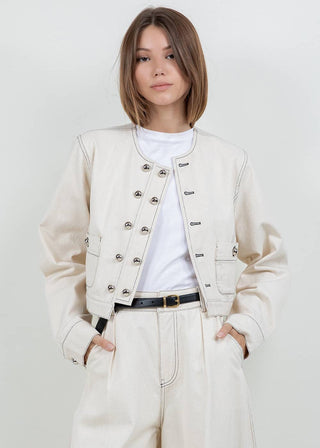 Luna Cream Washed Cropped Jacket with Metallic Accent Buttons - Verte Boutique