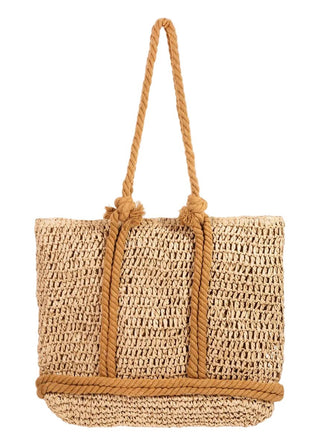 Coastal Chic Khaki Braided Straw Tote with Nautical Rope Handles - Verte Boutique