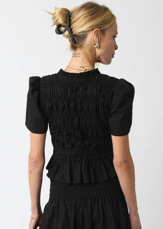 Black Short Sleeve Smocked Poplin Peplum Top - Verte Boutique