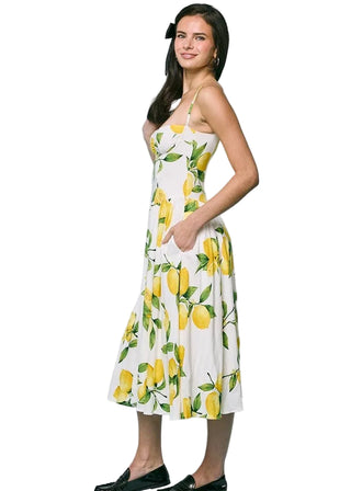 Linen Lemon Print Corset Midi Dress - Verte Boutique