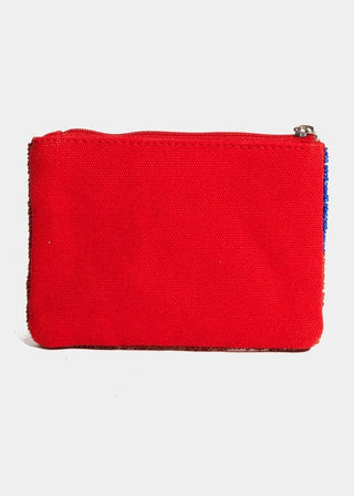 Red fabric pouch with a zipper on a white background