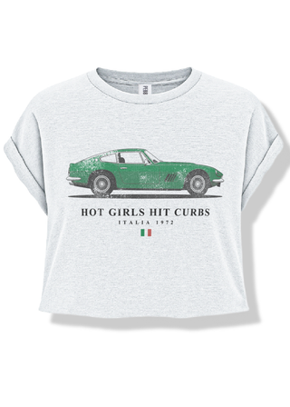 White t-shirt with green car graphic and text on a white background