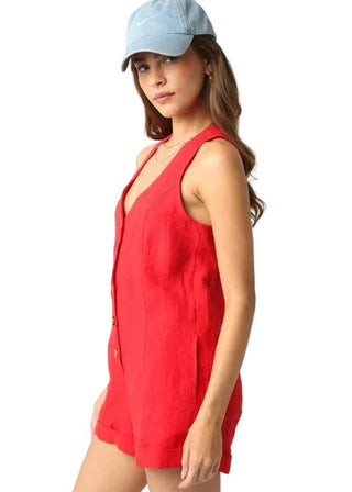 Red Linen Button - Front Romper - Verte Boutique