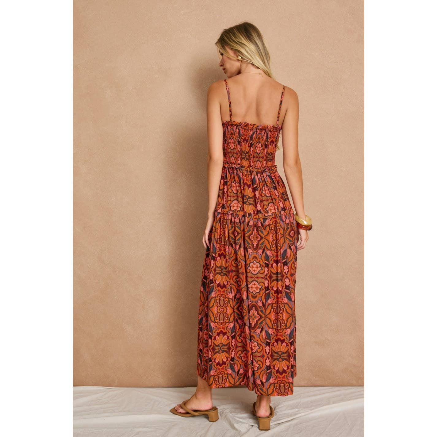 Fall Print Cutout Smocked Maxi Dress