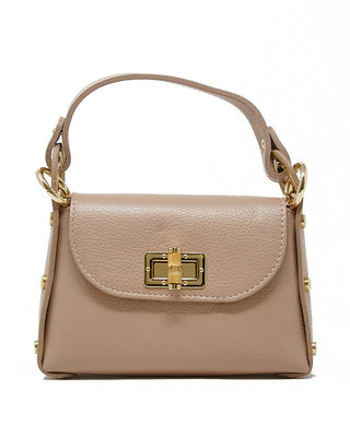Beige handbag with gold accents on a white background