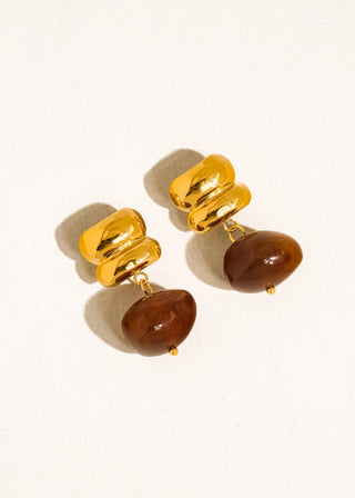 Gold and brown earrings on a white background