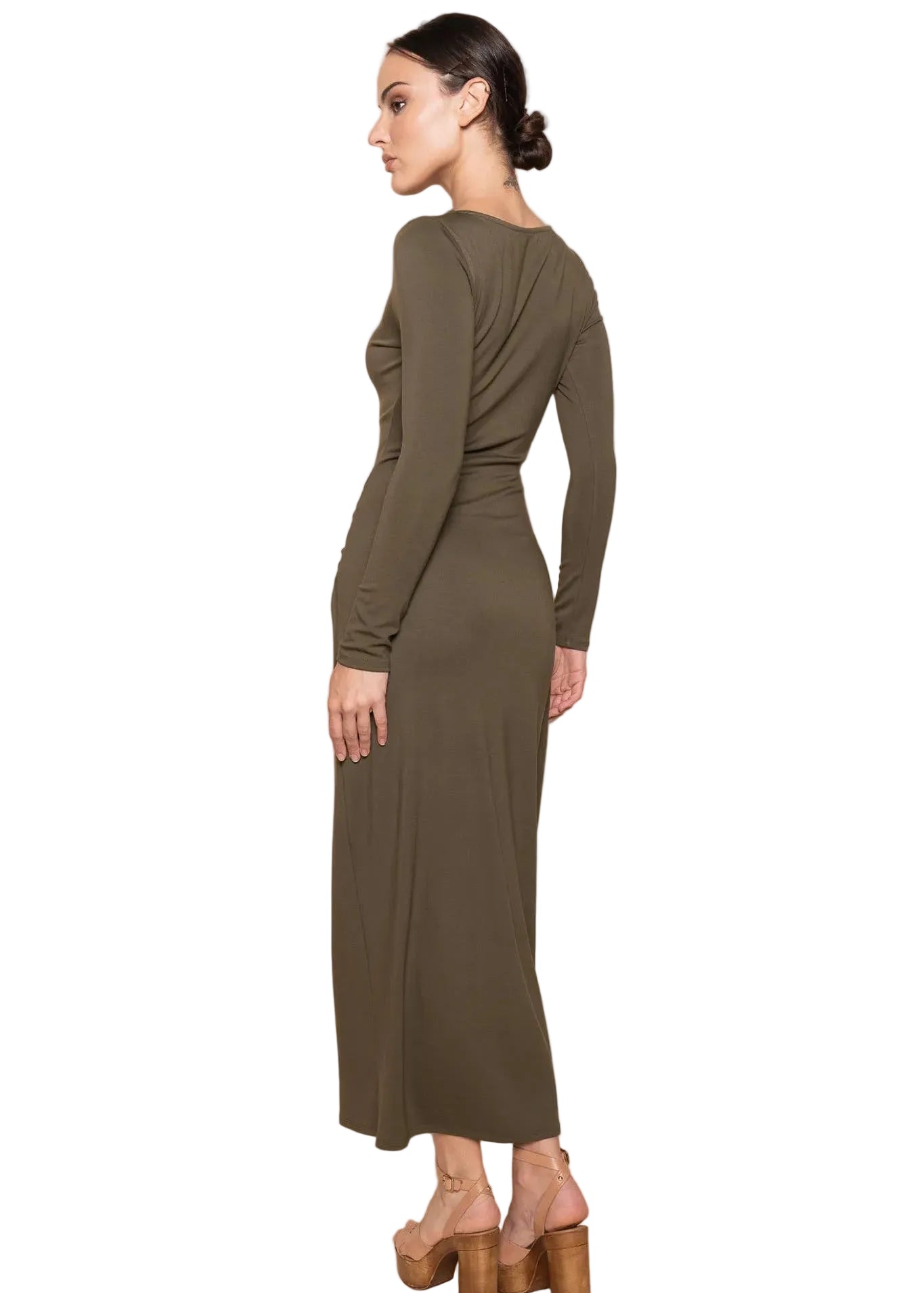 Wrap Panel Buckle Long Sleeve Knit Maxi Dress