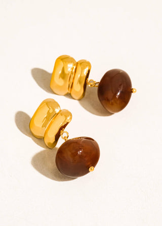Pair of gold and brown earrings on a light background