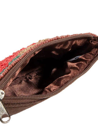 Open brown fabric pouch with a colorful zipper on a white background