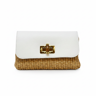 White and brown handbag with a gold clasp on a white background