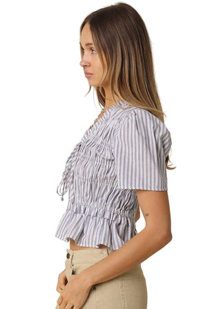 Striped Tie - Front Peplum Top | Smocked Puff Sleeve Blouse - Verte Boutique