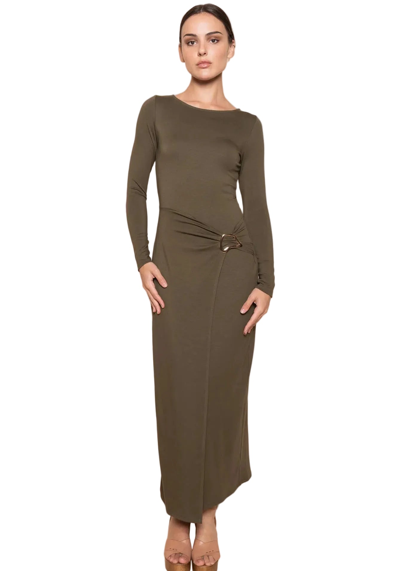 Wrap Panel Buckle Long Sleeve Knit Maxi Dress