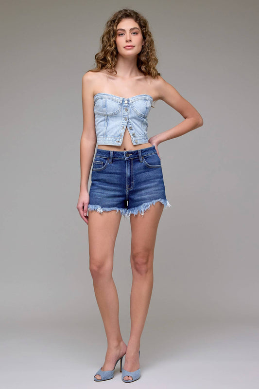 Dark Wash Frayed Stretch 3" Inseam Shorts