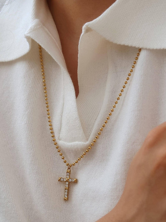 Gold Non-Tarnish CZ Cross Pendant Necklace
