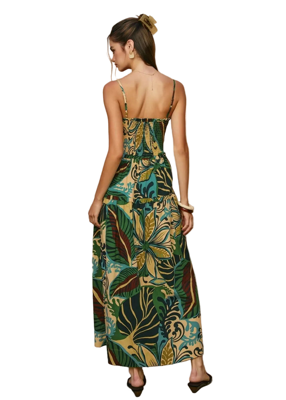 Woman wearing a floral dress on a white background