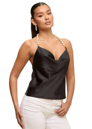 Midnight Black Satin Cowl Neck Top with Beaded Halter Strap - Verte Boutique