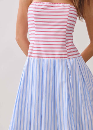 Patriotic Red & Blue Striped Strapless Pleated Midi Dress - Verte Boutique