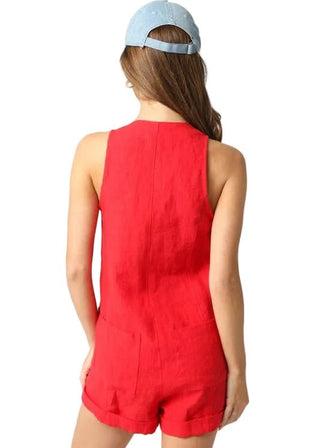Red Linen Button - Front Romper - Verte Boutique
