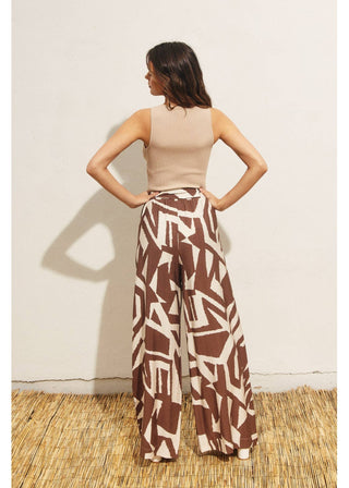 Sahara Geo Print Satin Wide Leg Pants with Removable Belt - Verte Boutique
