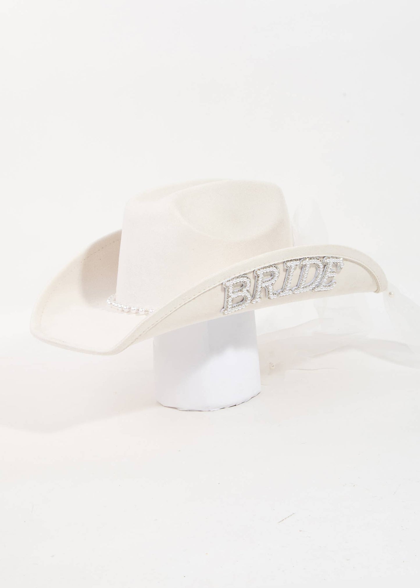 White cowboy hat with 'BRIDE' embroidery on a white background