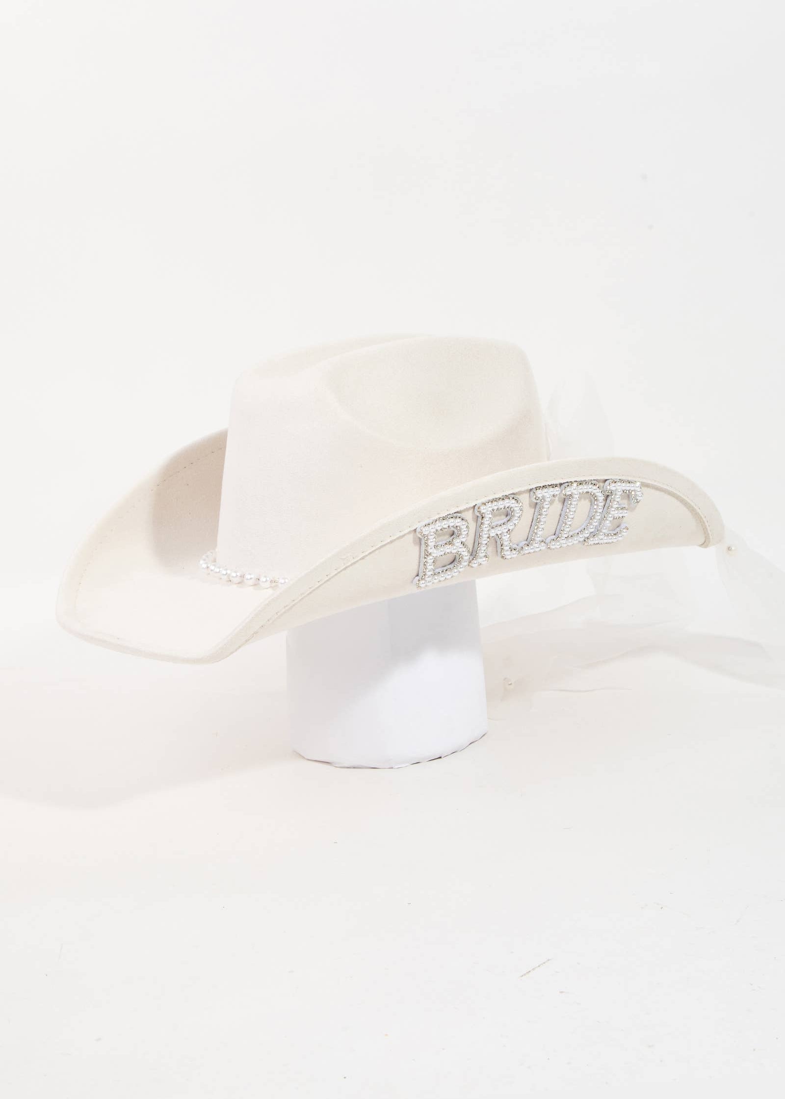 White cowboy hat with 'BRIDE' embroidery on a white background