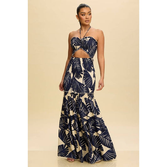 Tropical Leaves Smocked Maxi Dress