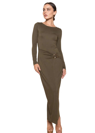 Eleanor Gold Buckle Wrap Long Sleeve Knit Maxi Dress - Verte Boutique