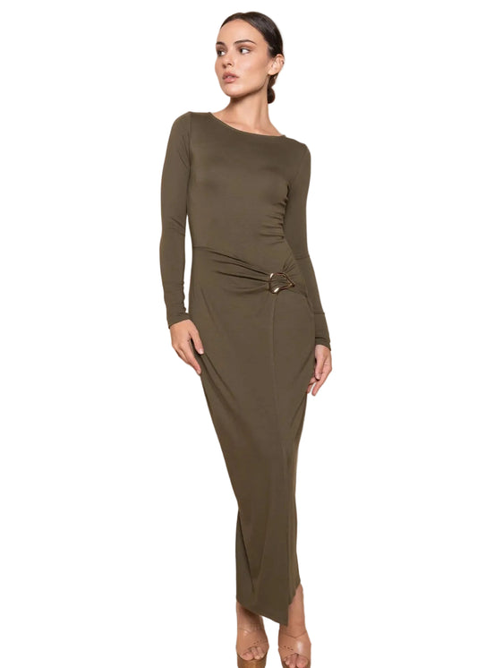 Wrap Panel Buckle Long Sleeve Knit Maxi Dress