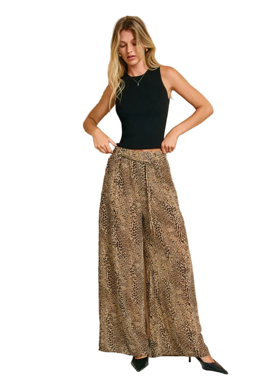 Mini Leopard Print Wide Leg Pants with Tie