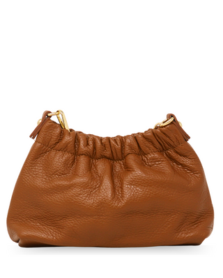 Brown leather handbag with gold clasp on a white background