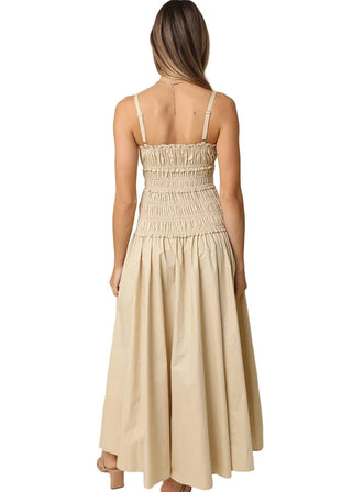 Khaki Smocked Cotton Drop Waist Maxi Dress - Verte Boutique
