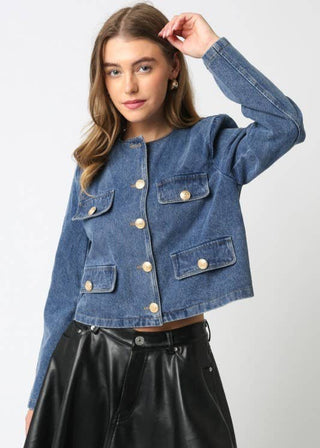 Luxe Collarless Denim Jacket with Gold Embossed Buttons - Verte Boutique