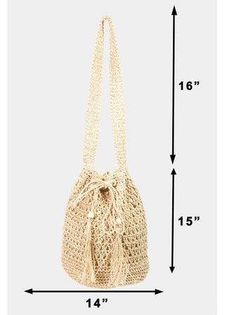 Boho Natural Straw Braided Tote Bag with Tassel Drawstring - Verte Boutique
