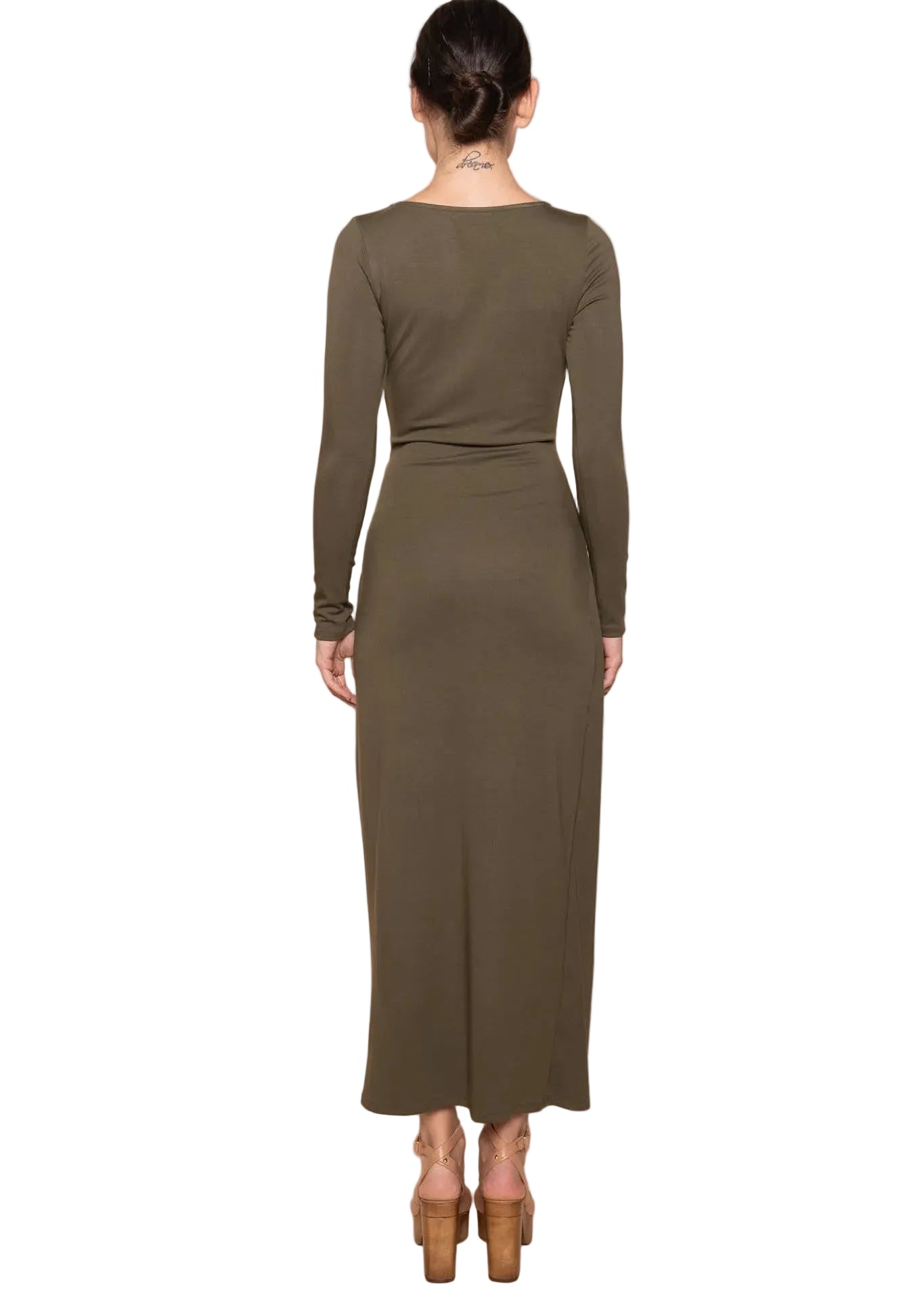 Wrap Panel Buckle Long Sleeve Knit Maxi Dress