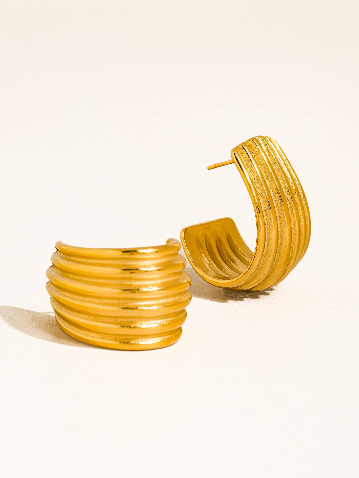 Gold Non-Tarnish Wide Ribbed Hoop Earrings