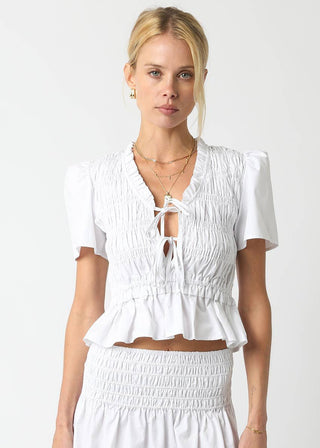 White Short Sleeve Smocked Poplin Peplum Top - Verte Boutique