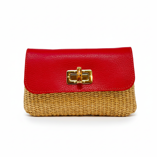 Red leather clutch with a gold buckle on a white background
