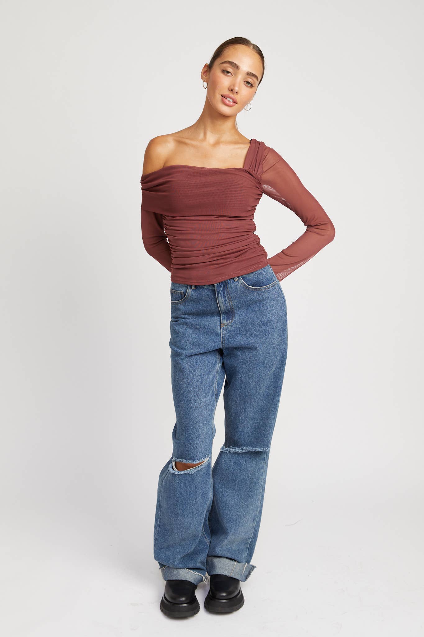 Asymmetrical Shirred Mesh Top