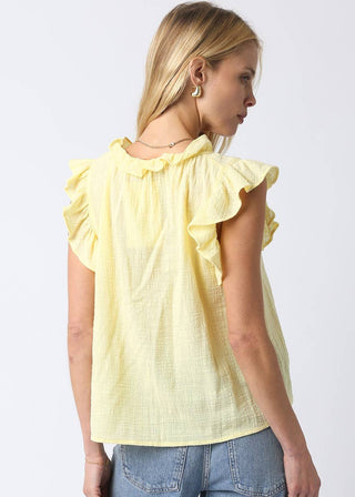 Butter Yellow Textured V - Neck Ruffle Blouse - Verte Boutique