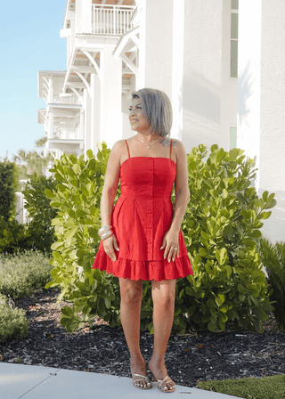 Red Poplin Mini Dress with Eyelet Lace Hem Verte Boutique Red Poplin Mini Dress with Eyelet Lace Hem Verte Boutique