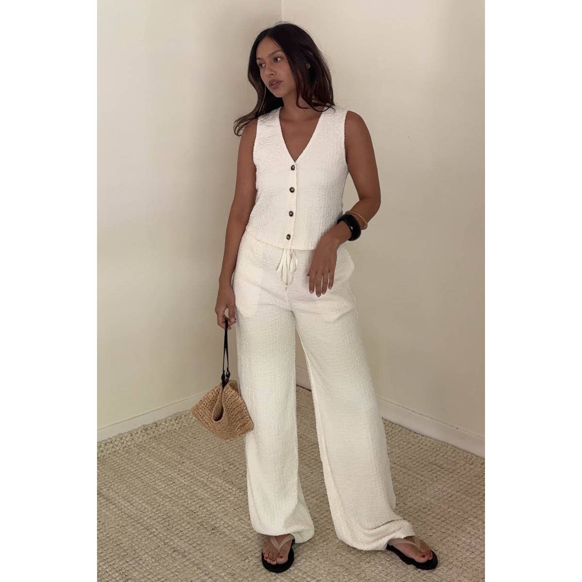 Textured Vest Top And Wide Leg Pants Sets