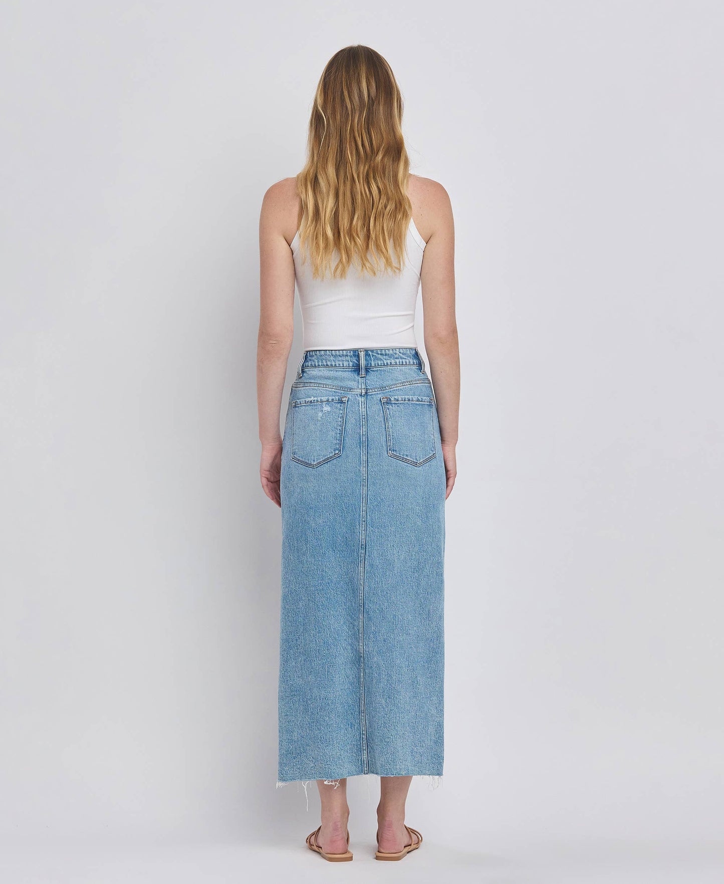 Criss Cross Front Slit Denim Maxi Skirt