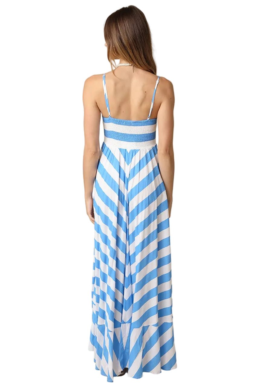 Azure Coast Chevron Stripe Flounce Maxi Dress