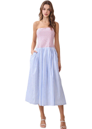 Patriotic Red & Blue Striped Strapless Pleated Midi Dress - Verte Boutique