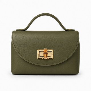 An olive green pebbled leather handbag with a top handle and a gold-tone turn-lock clasp on the front flap, shown against a plain white background.